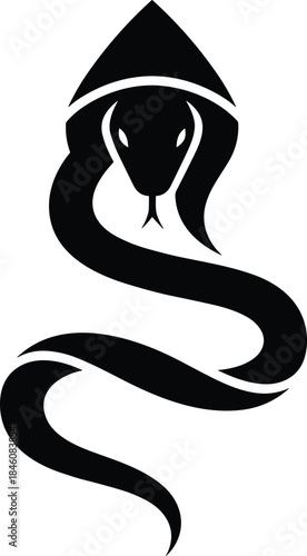Black snake hooded serpent logo vector, mystical viper cobra silhouette icon, minimalist reptile mascot illustration for gaming, tattoo, or branding design.