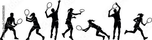 flavector, tennis, silhouette, players, racket, jump, run, lunge, hit, sport, motion, action, athletic, pose, dynamic