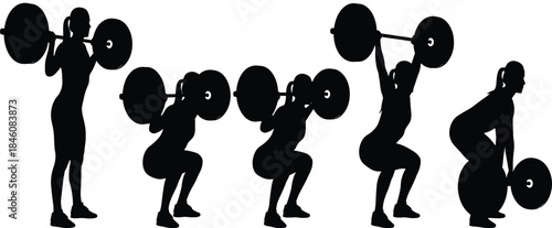 Black silhouettes of female athlete performing barbell squats and deadlifts, fitness workout sequence for gym training, weightlifting exercise vector set.