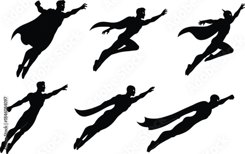 Flying superhero silhouettes, comic book hero poses, muscular caped figures, action strength power movement flat vector