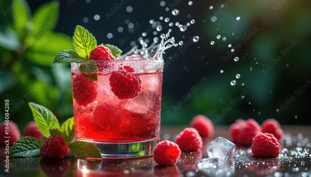 Fototapeta premium Glass of vibrant raspberry drink with mint and ice. Berries scattered around with water splash and drops. Refreshing beverage served outdoors in daylight.