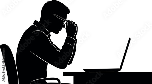 Focused person working on laptop at desk – flavector silhouette vector for remote work themes