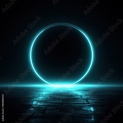 Neon cyan segmented ring with glowing halo on dark background