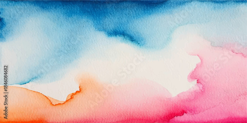 Abstract blue and pink watercolor background with clouds, grunge texture, and hand-painted design on art paper