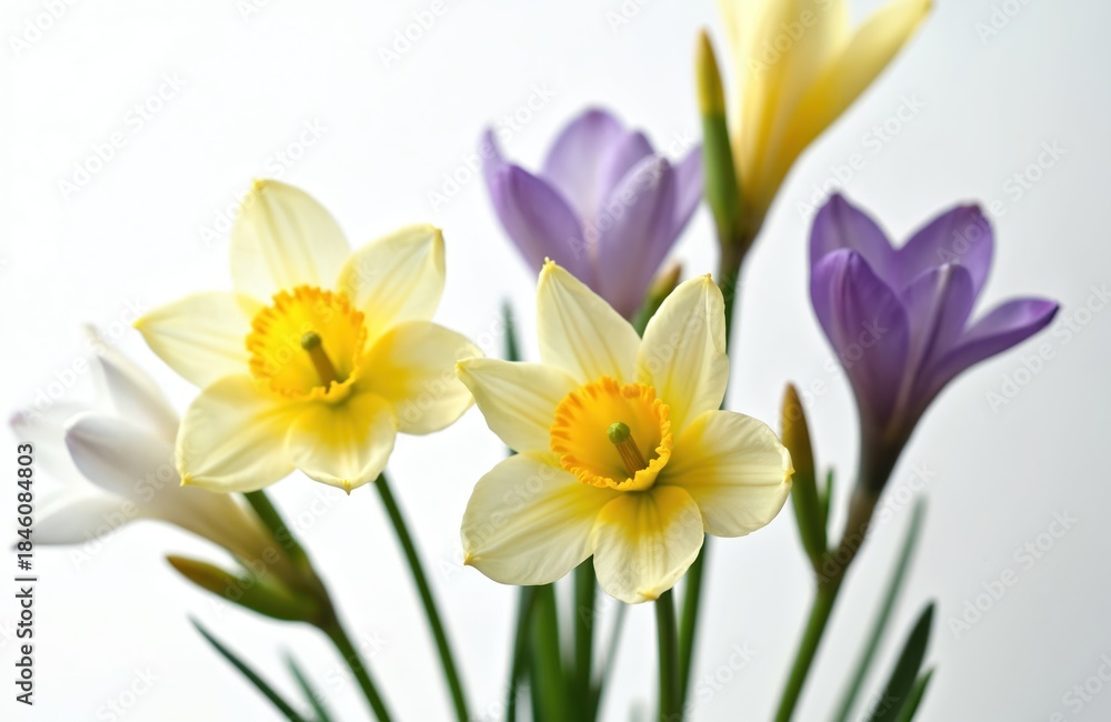 Obraz premium Mixed spring flowers include yellow daffodils, purple crocuses, and white rain lilies. Delicate blossoms on green stems create a fresh, natural arrangement on a clean white background.