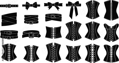 Corset and belt silhouette collection, fashion accessory icons, vintage waist cincher designs, lingerie elements, stylish decorative outfit illustration