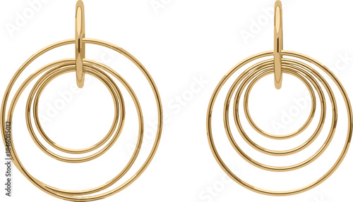 Elegant pair of gold multi-layer hoop earrings, minimalist round interlocking circular jewelry design, luxury fashion accessory for women on white background.