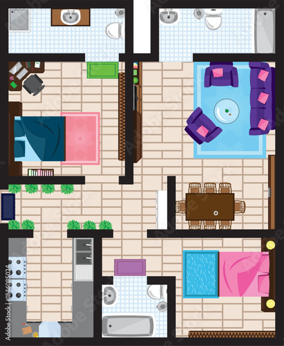 2 BHK House Apartment Interior Design Top View Flat Home Vector