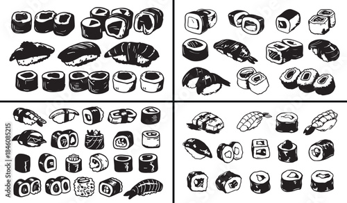 Sushi Vector Illustration, Japanese Food Icons, Sushi Roll Design, Asian Cuisine Art, Hand Drawn Sushi Set, Food Illustration Collection, Restaurant Menu Icons, Seafood Sushi Vector, Cute Food Illustr