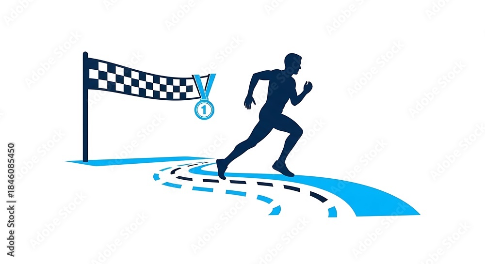 Fototapeta premium Runner crossing finish line with medal, symbolizing achievement and success.