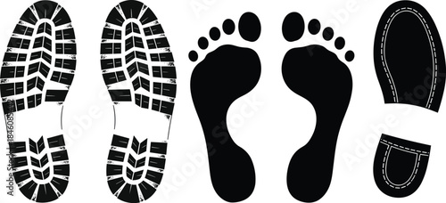 Footprint and shoe print silhouettes, boot sole patterns, human bare feet icons, walking trail marks illustration for tracking, outdoor and design concepts