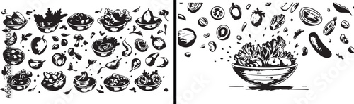 Food Bowl Vector Pattern, Dish Illustration Design, Culinary Food Art, Restaurant Menu Background, Seamless Food Texture, Hand Drawn Meal Icons, Cafe Dish Vector, Food Illustration Set, Food Surface D