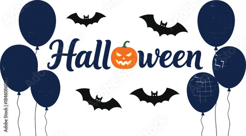 Happy Halloween typography banner with orange pumpkin jack o lantern, black bats, and dark balloons for holiday party greeting card design.