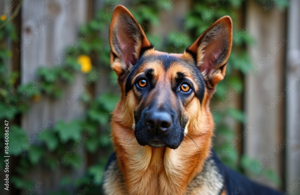 Fototapeta premium German Shepherd dog with alert eyes looks forward. This intelligent breed has rich black and tan fur. Dog sits near wooden fence, green plants form background. Loyal pet waits patiently.