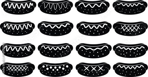 Hot dog silhouette set, various topping patterns, food icon collection, fast food illustration for menus, packaging, restaurant branding, and graphic design
