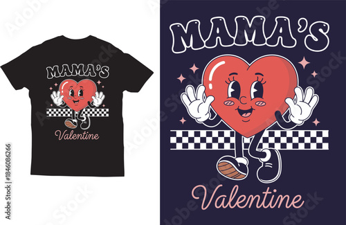 Cute Mama’s Valentine T‑Shirt Design with Smiling Heart  Character Greeting Pose