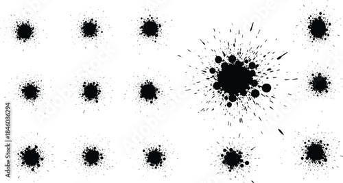 Ink splatter set, black paint splash collection, grunge blot textures, abstract splashes, artistic ink stains, isolated splatter elements illustration