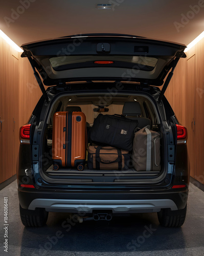 Packed car trunk with suitcases and travel bags ready for departure, modern road trip preparation, vacation mobility concept and transport lifestyle background