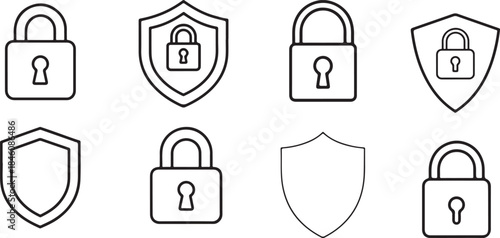 Padlock and Shield Line Icon Set for Cybersecurity and Data Protection