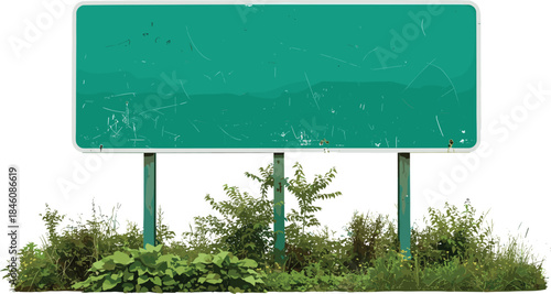 Large Blank Green Road Sign Mockup on Metal Poles Surrounded by Green Bushes and Grass for Highway Traffic and CAD Drawing