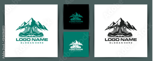 Mountain hiking boots logo design with outdoor adventure and trekking concept
