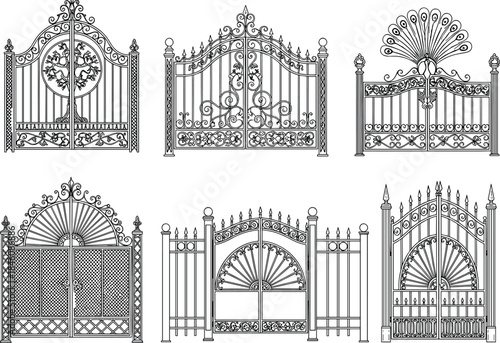 Ornamental wrought iron gates, decorative metal gate designs, classic vintage gate patterns, intricate ironwork illustration set, elegant architectural gate elements