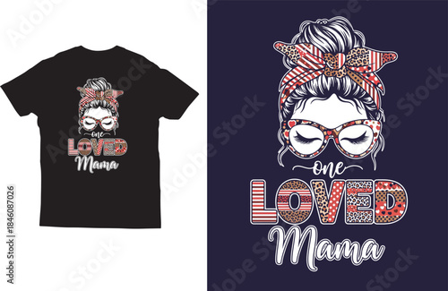 One Loved Mama T‑Shirt Design with Bandana Woman in Red Striped Pattern Glasses Illustration