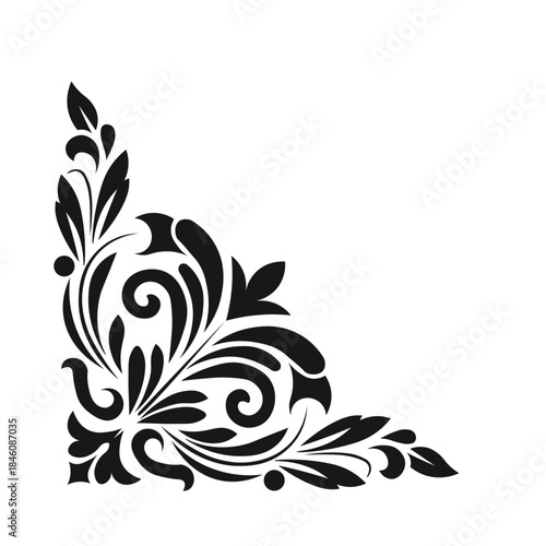 This elegant black and white floral design is ideal for decorative borders, logos, or vintage-inspired graphic designs, featuring intricate detailing and curved leaves