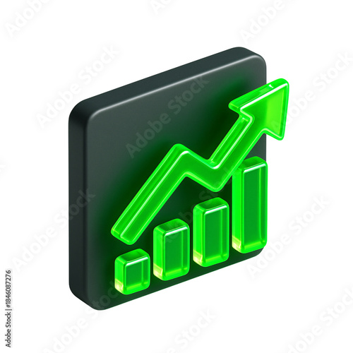 3D Green Glowing Bar Chart with Upward Arrow. Business Growth, Financial Success, and Data Analysis Icon. growth, business, finance, chart, success