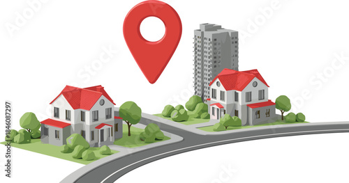 Real estate map location with houses, apartment building, red pin marker, property search concept illustration, neighborhood navigation graphic for home listings
