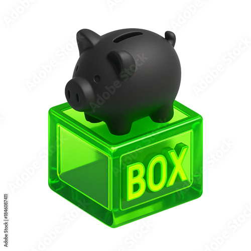 Black Piggy Bank on a Vibrant Green Translucent 'BOX' Cube for Financial Savings and Secure Storage. piggy bank, savings, finance, money, box