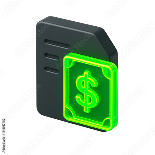 3D Financial Document Icon with Glowing Neon Green Dollar Sign. finance, document, dollar sign, icon, 3d render