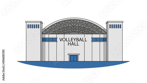 A detailed illustration of a large, modern volleyball hall with a distinctive arched roof and two prominent towers.