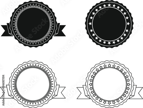 Set of blank vintage circular badge templates with decorative ribbons and stars, black and white emblem frames for product quality assurance.