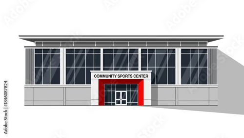 Modern community sports center building with large glass windows and a red entrance.