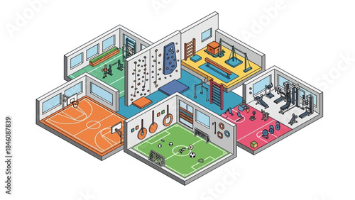 Isometric illustration showcasing a multi-room sports facility with various activity zones including basketball, soccer, climbing, and weightlifting.
