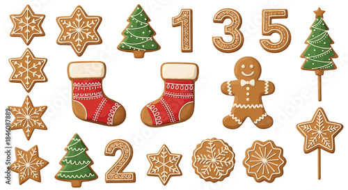 Festive collection of Christmas gingerbread cookies shaped like stars, trees, stockings, and a gingerbread man, with icing decorations.