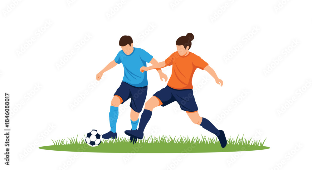 Obraz premium Two male soccer players competing for the ball on a green grass field during a competitive football match or training session.