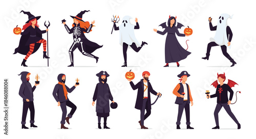 Large set of people dressed in various Halloween costumes, including a witch, skeleton, ghost, devil, pirate, and other spooky characters.