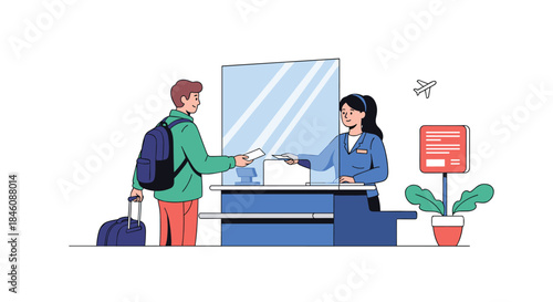 Traveler with a backpack and suitcase checking in for a flight at an airport counter with a friendly female airline employee.