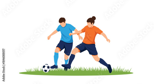 Two male soccer players competing for the ball on a green grass field during a competitive football match or training session.