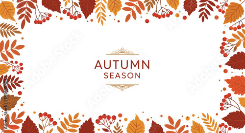 Elegant autumn season background with a decorative frame made of colorful leaves and rowan berries, with space for text.