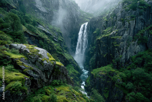 Dramatic waterfall plunging into narrow dark canyon with mist and mossy rocks in Norway