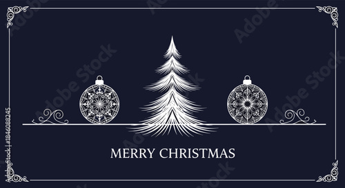 Elegant and ornate Merry Christmas card design in white on a dark blue background, featuring a tree and intricate ornaments.