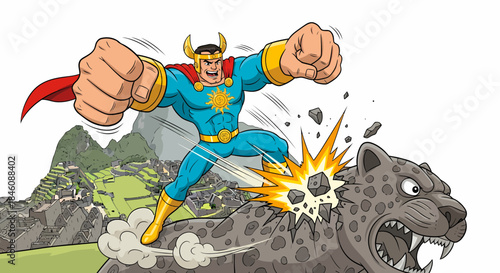 Superhero fighting a black panther with powerful punch.