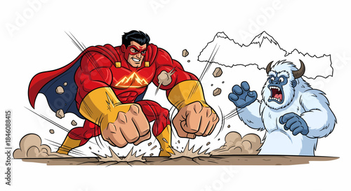 Superhero fighting a furry monster in a dramatic pose.