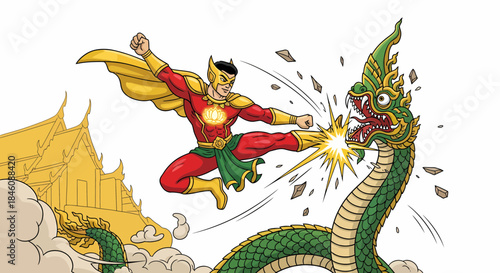 Superhero fighting a mythical serpent creature in a dynamic pose.