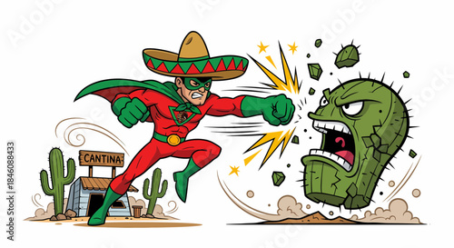 Superhero Fighting Evil Cactus Monster in Desert.