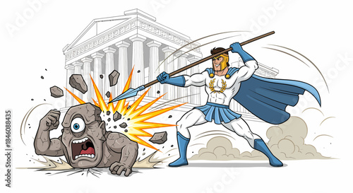 Superhero in blue cape and white suit fighting a monster with a spear.