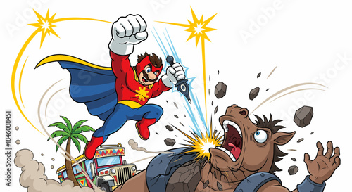 Superhero in red and blue costume with cape punching a brown horse in a dynamic action scene.